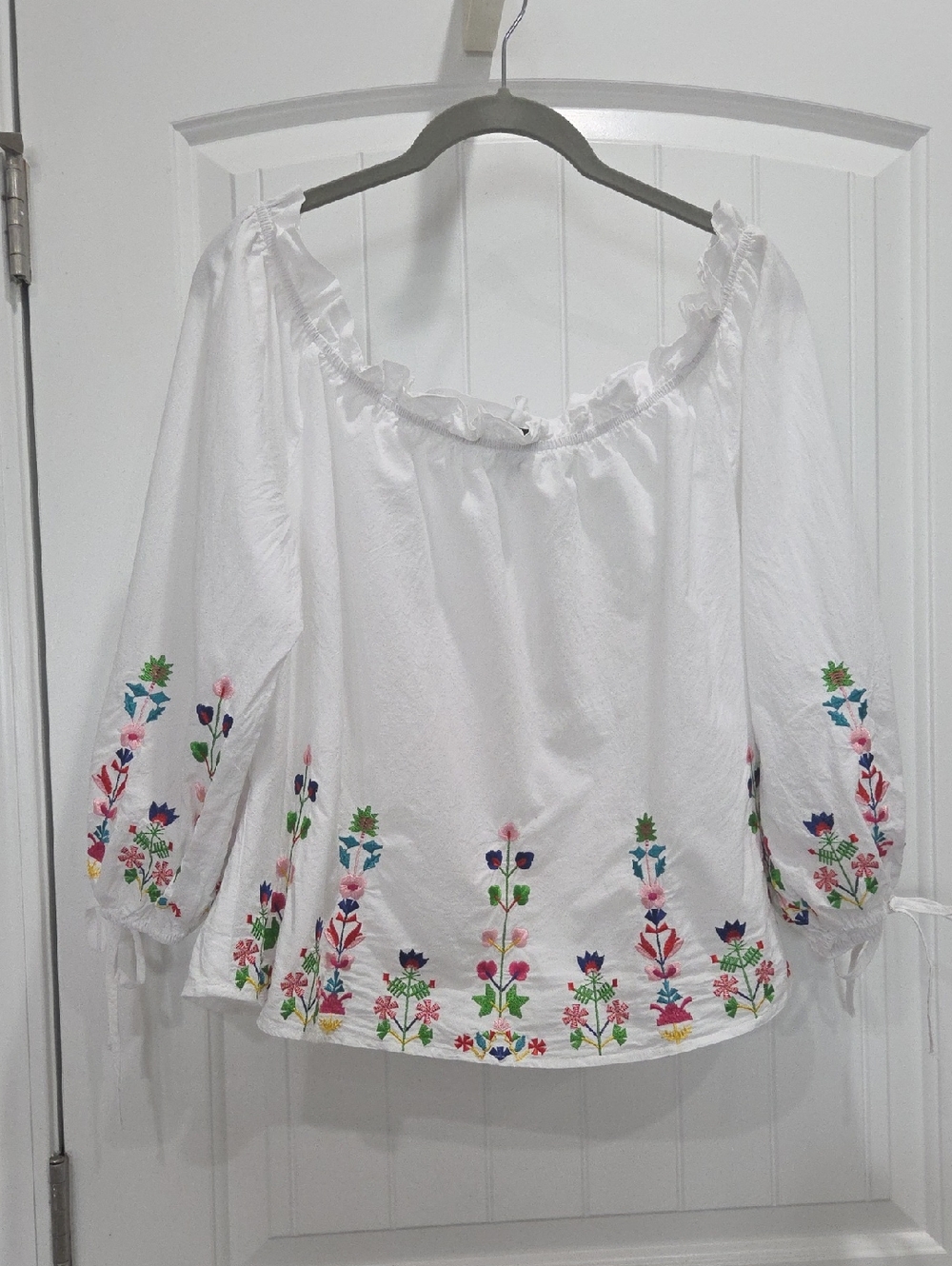 Timing Off The Shoulder, Cotton Embroidered White Blouse, Large